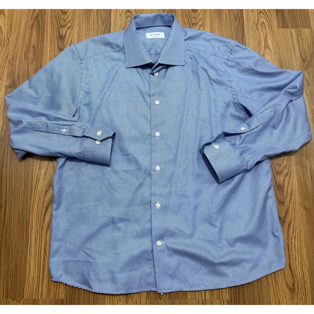 Eton Custom Made Dress Shirt Mens XL Blue Micro Check Spread Collar Luxury